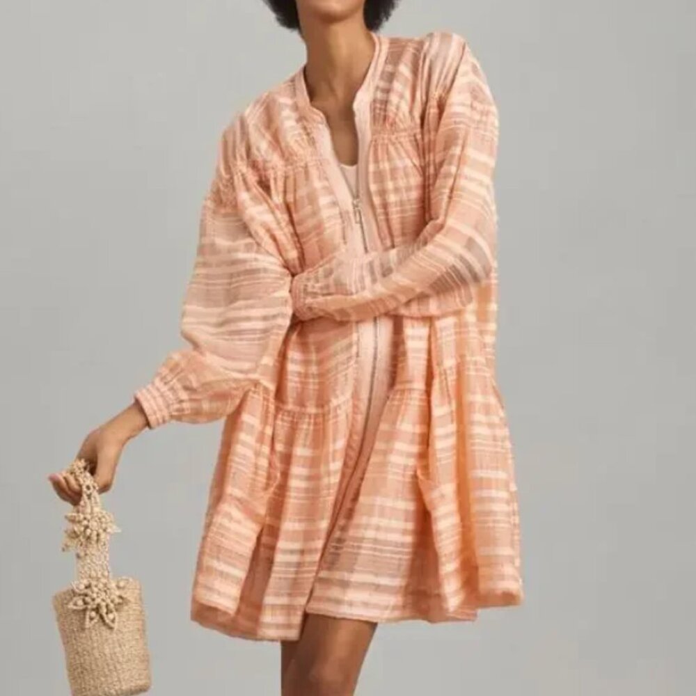 Anthropologie Oversized Sheer Long Sleeve Zip Front Peach Mini Dress size XS